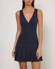 Rita Pleat Mini Dress in Tailoring Navy