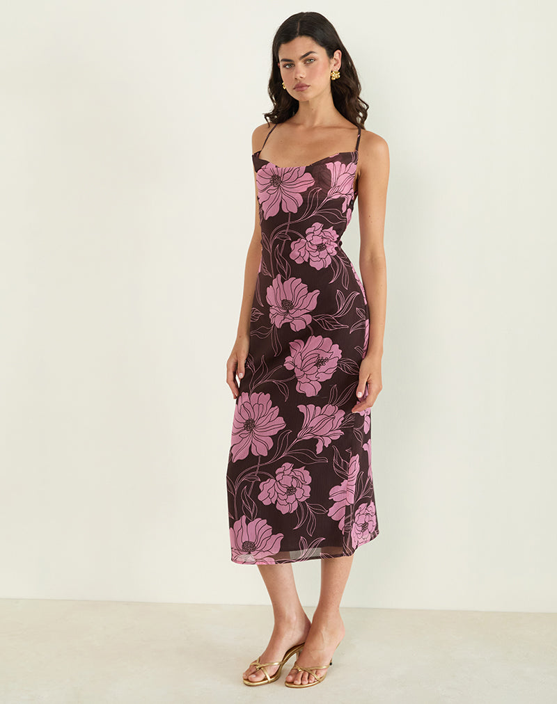 Rujira Cowl Midi Dress in Flare Floral Pink Brown