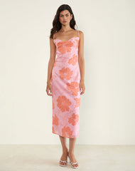Rujira Cowl Midi Dress in Floral Pink Orange