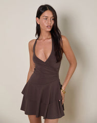 Semary Halterneck Wrap Mini Dress in Bitter Chocolate