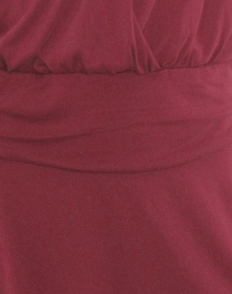 Senara Cinch Waist Halterneck Mini Dress in Burgundy