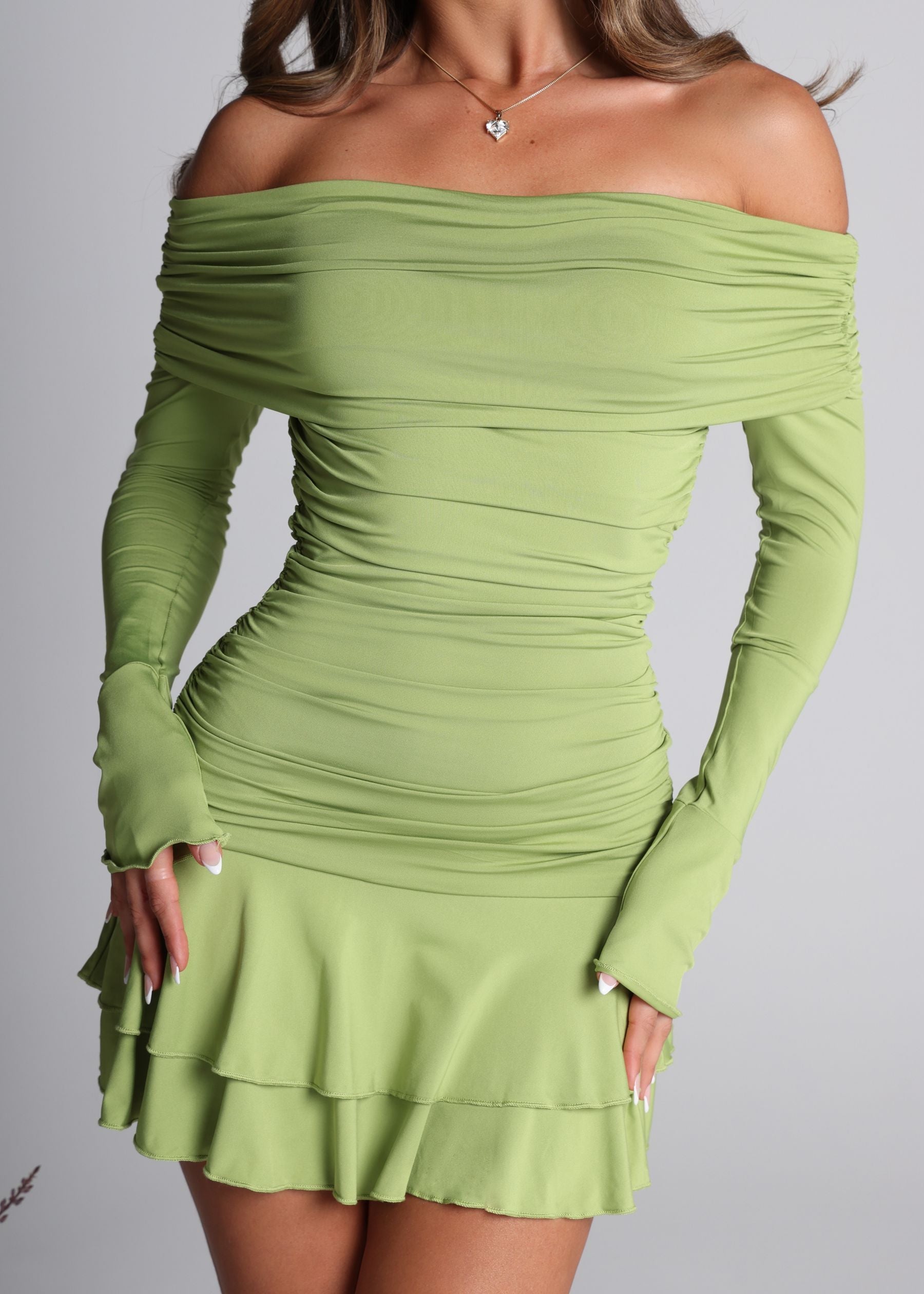 Sweet Talk Bardot Long Sleeve Mini Dress - Green