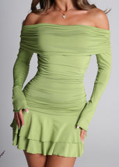 Sweet Talk Bardot Long Sleeve Mini Dress - Green