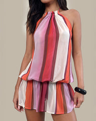 Veloria Halterneck Mini Dress in Pink Sheer Chiffon Painted Stripe