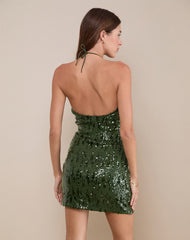 Zumaya Halter Dress in Mixed Drape Sequin Khaki